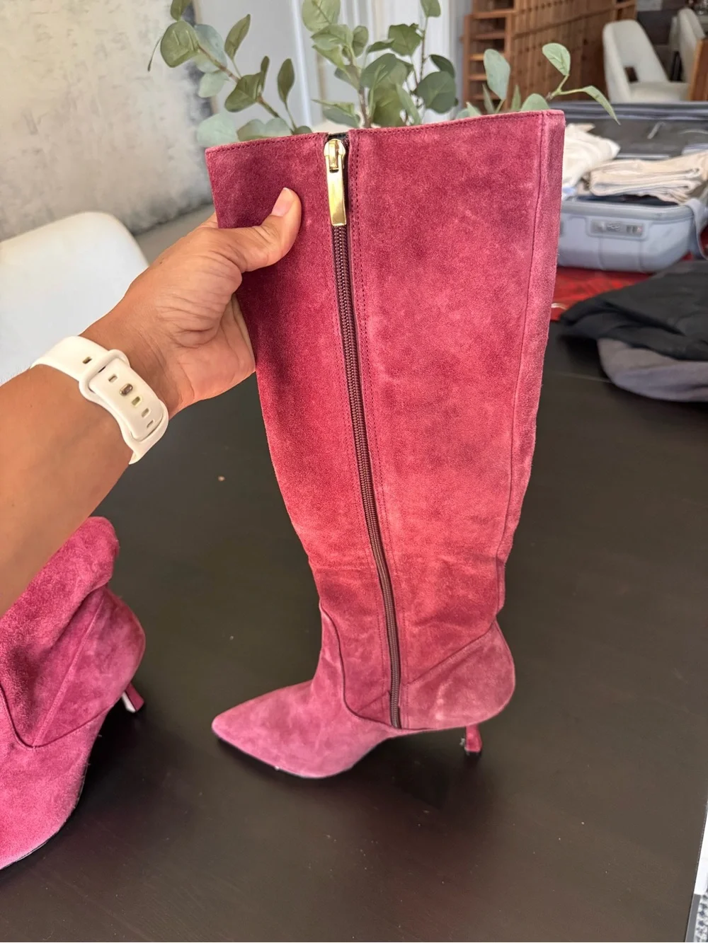 L'AGENCE Burgundy Suede Over-the-Knee Pointed Toe Boot